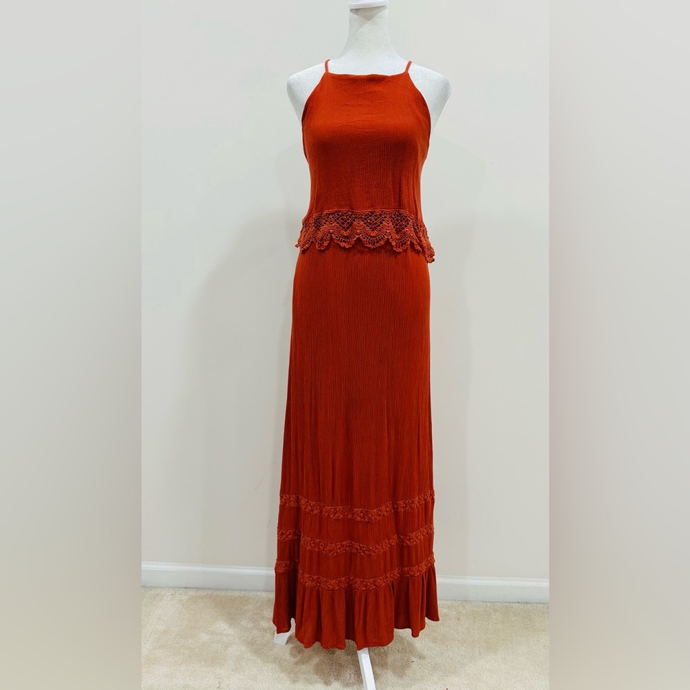 Blue Rain Eyelet Maxi Dress Lace Ruffles Sleeveless Terracotta Color Size L